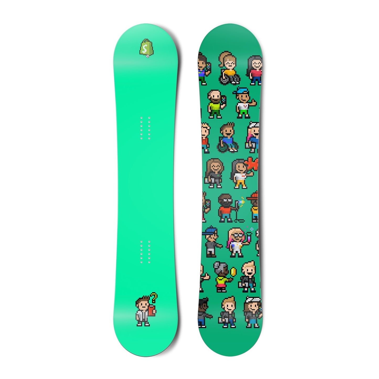 Top and bottom view of a snowboard. The top view shows a pixelated Shopify bag logo and a
pixelated character reviewing a clipboard with a questioning expression with a bright green-blue background.
The bottom view is a pattern of many pixel characters with a bright green-blue background.