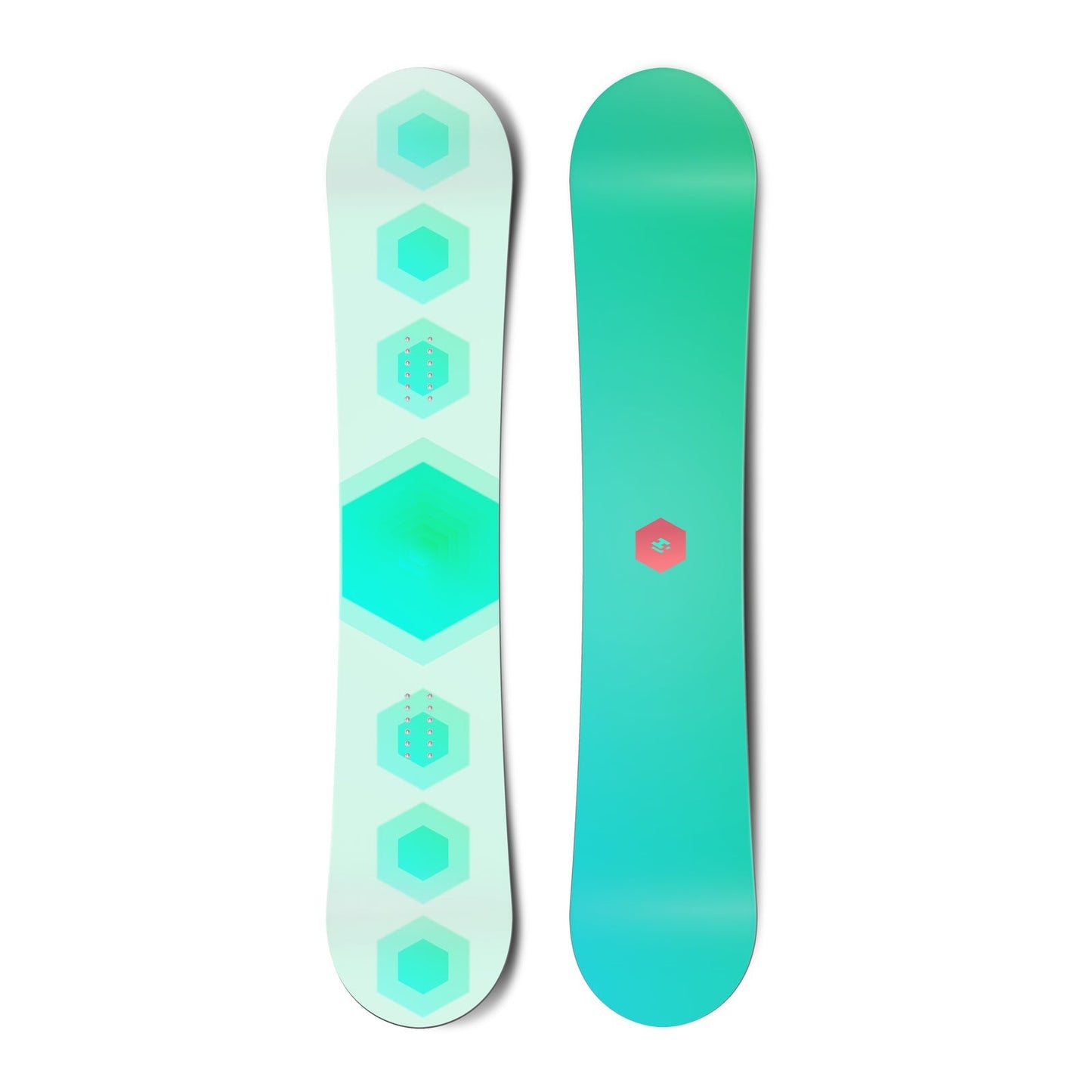 Top and bottom view of a snowboard. The top view shows 7 stacked hexagons and the bottom view
shows a small, centred hexagonal logo for Hydrogen.