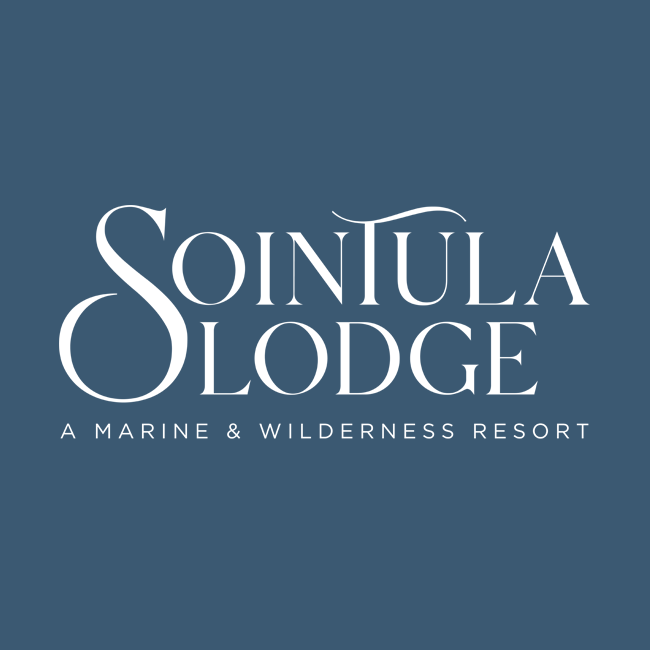 Logo of Sointula Lodge on a blue background